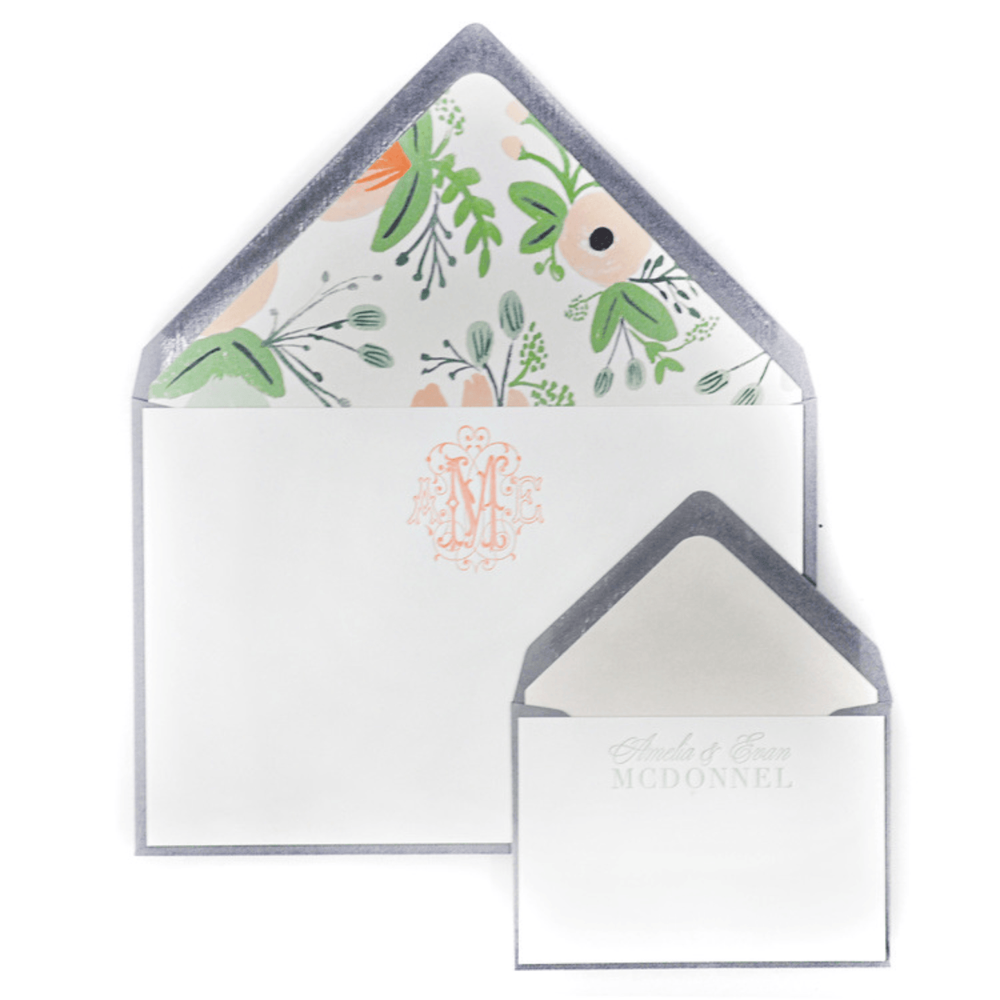 Peach and Green Floral Design 16 Personalized Letterpress Note & Enclosure Cards