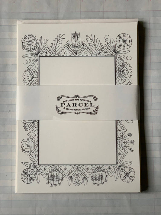 {Parcel} Flat Note Cards with Envelopes :: Folk Floral Frame :: Set of 8