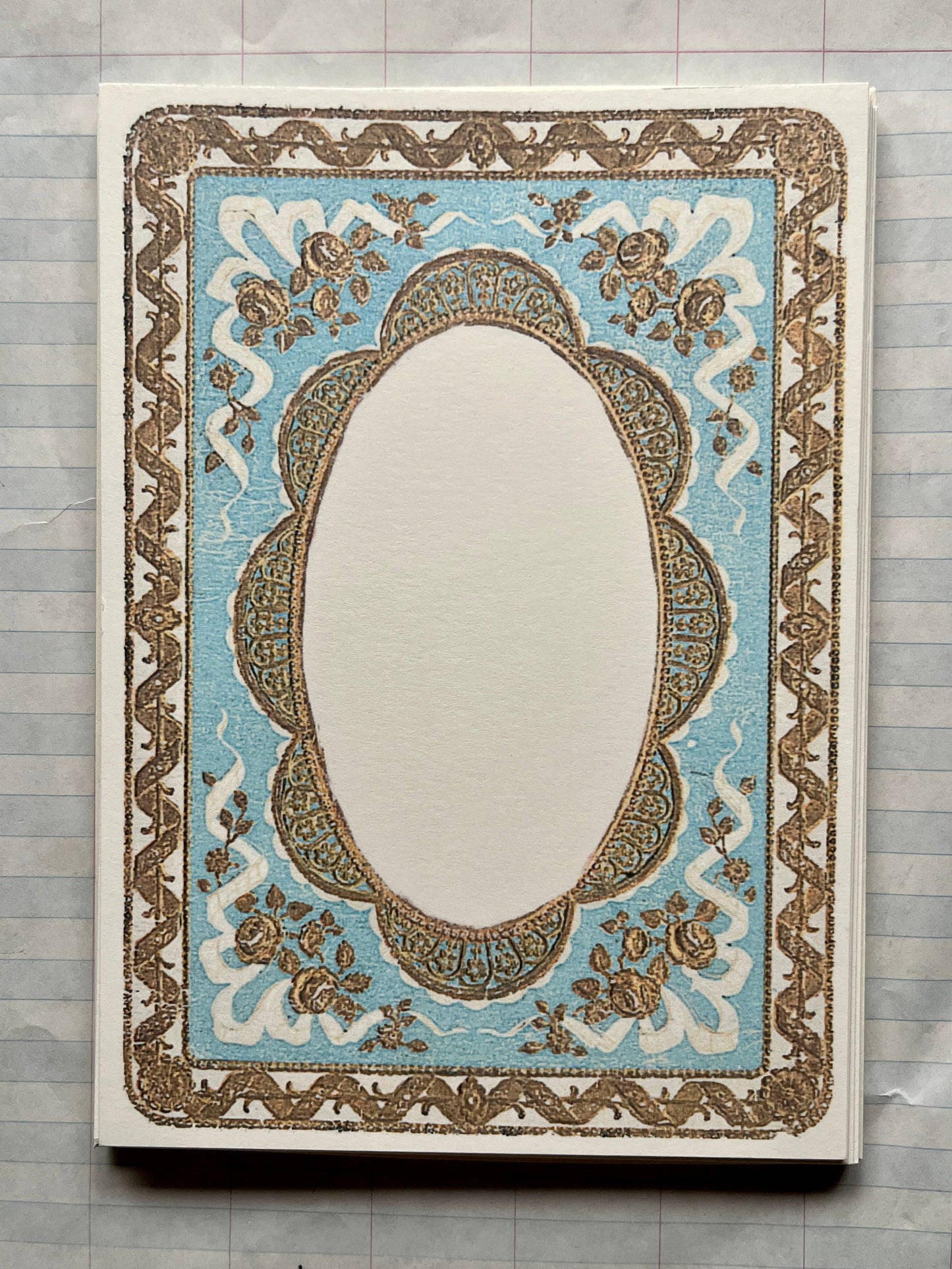 {Parcel} Flat Note Cards with Envelopes :: Gold and Blue Ornate Frame :: Set of 8
