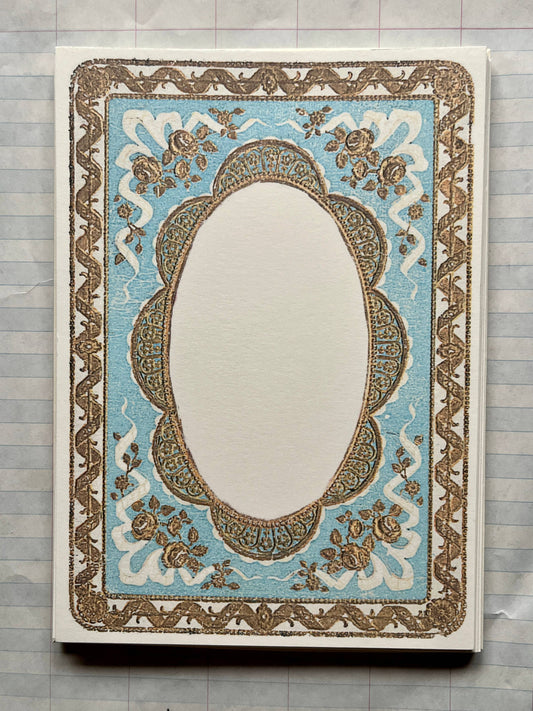 {Parcel} Flat Note Cards with Envelopes :: Gold and Blue Ornate Frame :: Set of 8