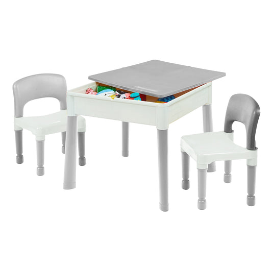 Montessori 5-in-1 Table & 2 Chairs Set | Sand & Water Pit | Lego  | Dry Wipe Top | Grey & White
