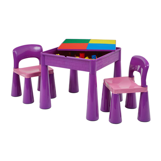 Kid's Indoor | Outdoor Multipurpose Plastic Table & 2 Chairs Set | Lego Board | Sand & Water Pit | Violet