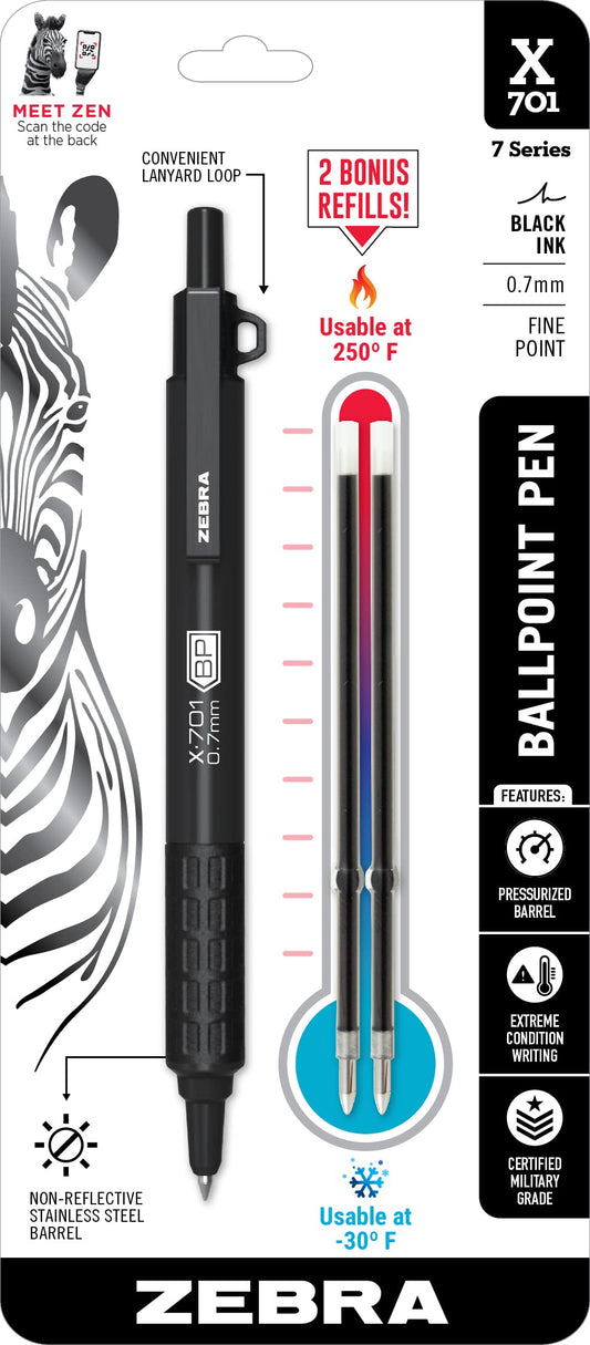 Zebra X-701 Tactical Ballpoint Pen w/ Extra Refill Fine Point 0.7mm Black 29811
