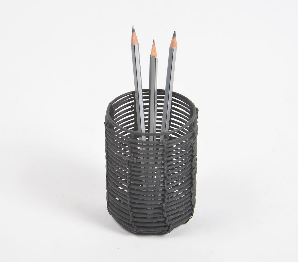 Handwoven Cane & Iron Black Cylindrical Pen Stand
