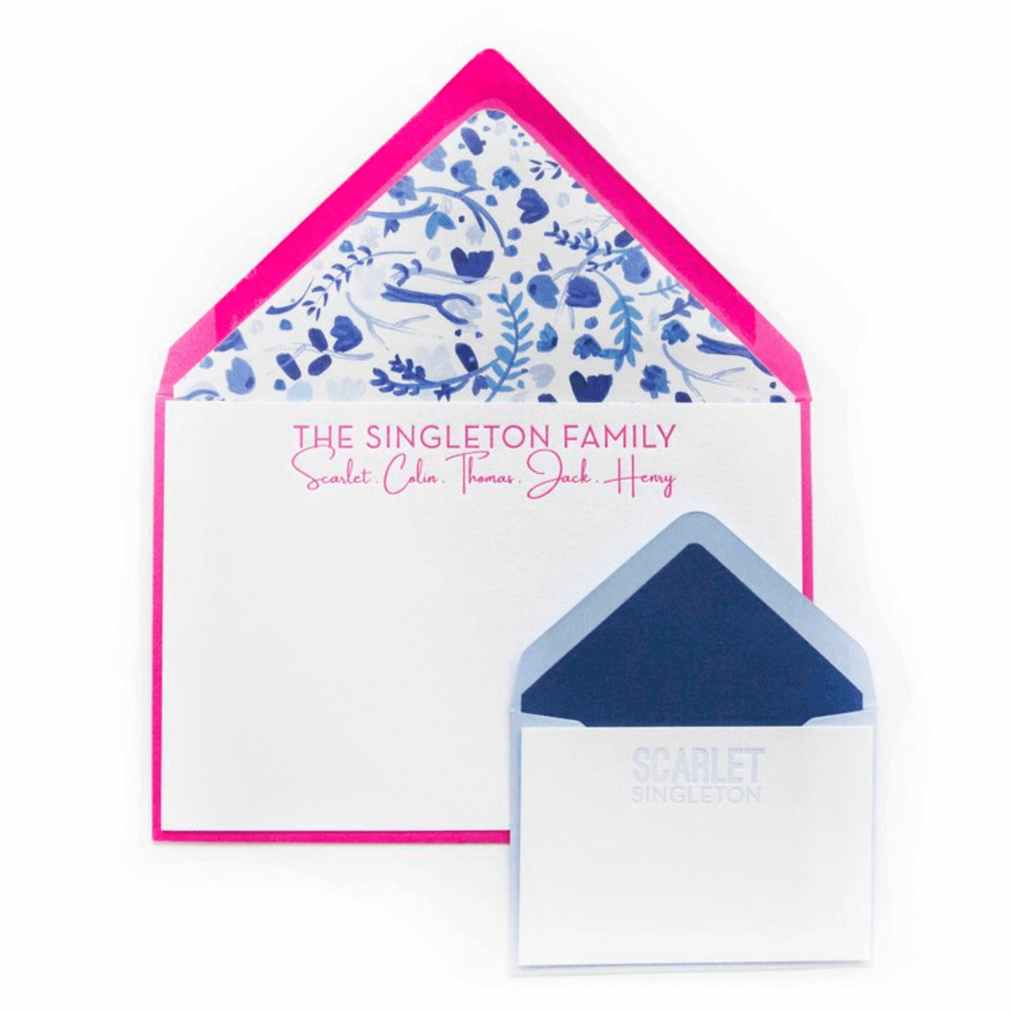 Hot Pink and Blue Floral Design 79 Personalized Letterpress Note & Enclosure Cards