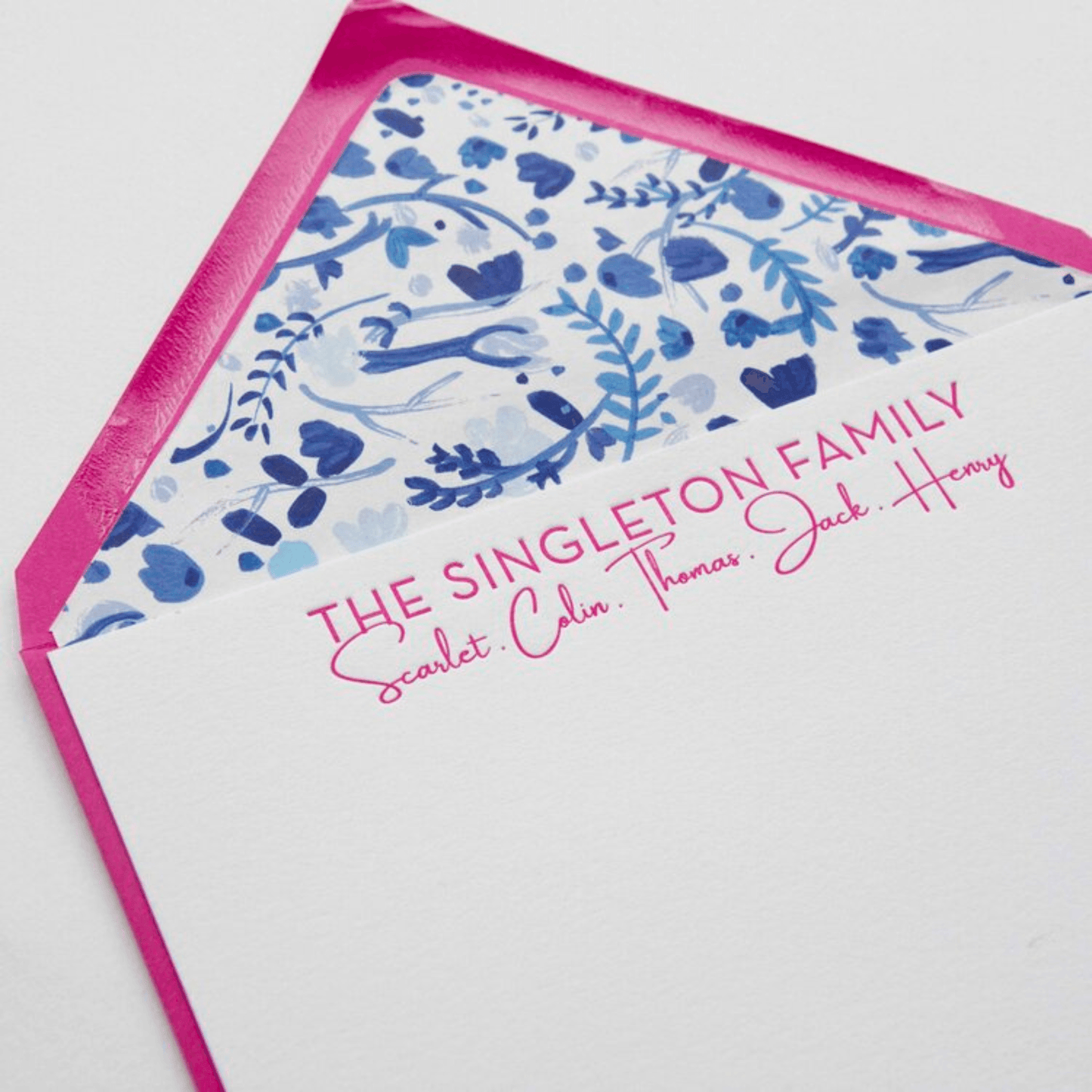 Hot Pink and Blue Floral Design 79 Personalized Letterpress Note & Enclosure Cards