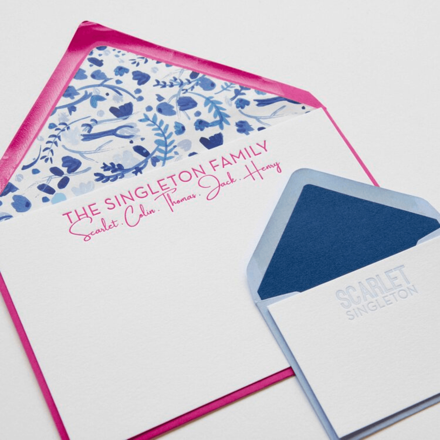 Hot Pink and Blue Floral Design 79 Personalized Letterpress Note & Enclosure Cards