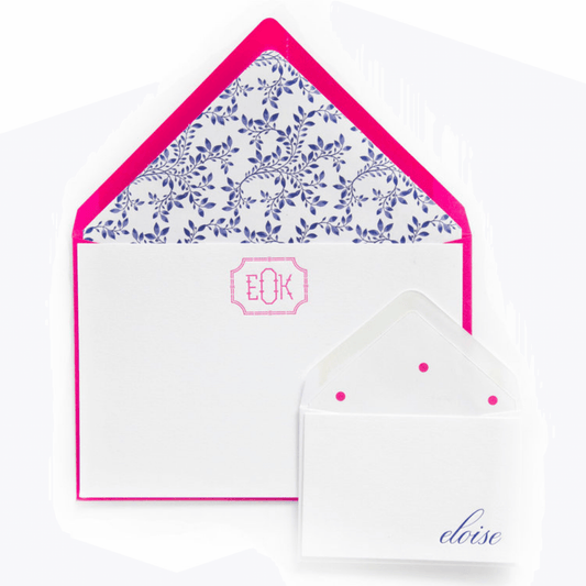 Hot Pink and Blue Scroll Design 68 Personalized Letterpress Note & Enclosure Cards
