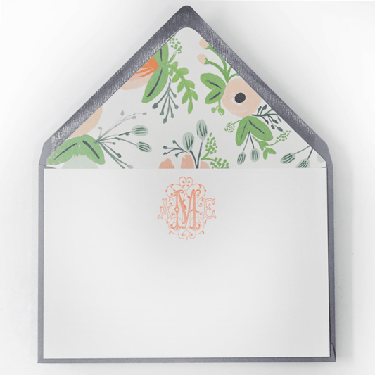 Peach and Green Floral  Design 16 Personalized Letterpress Note & Enclosure Cards