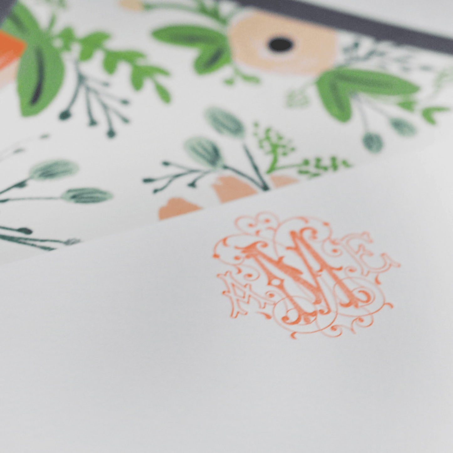 Peach and Green Floral  Design 16 Personalized Letterpress Note & Enclosure Cards
